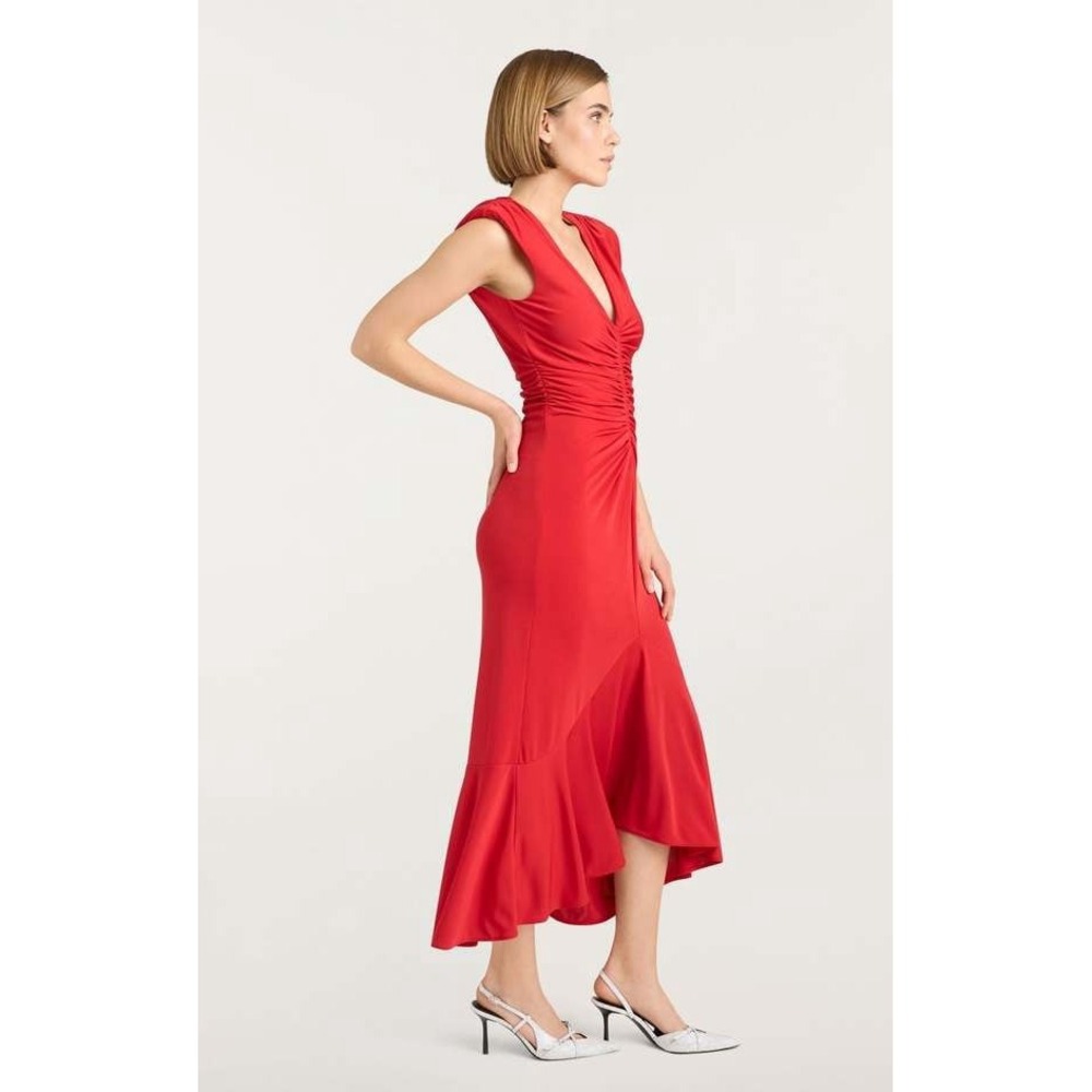 Cinq à Sept Dianne Candy Apple Red Ruched Stretch Midi Dress Size 10 Retail $395
